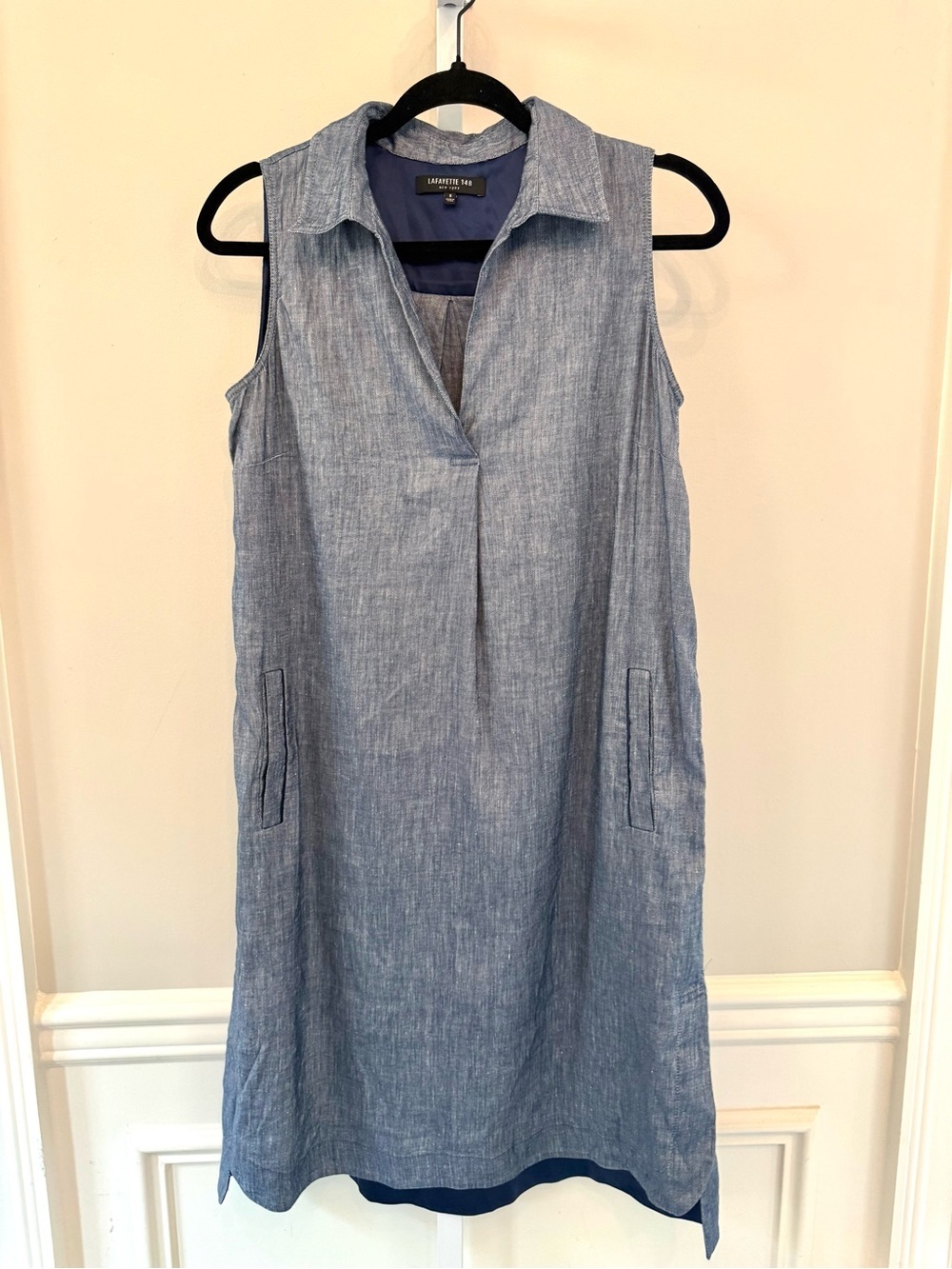 Lafayette 148 New York Linen Blend Chambray Shift Dress Light Blue Sleeveless S